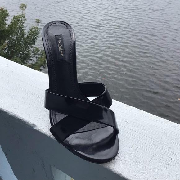 Dolce & Gabbana Slip-on Black Patent Leather 3” Slides with Criss-Cross Strap - Picture 9 of 16